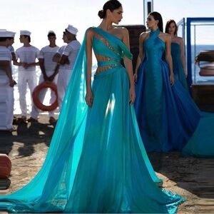 One Shoulder Aquamarine Chiffon Maxi Dress - Wedding Guest & Formal Event